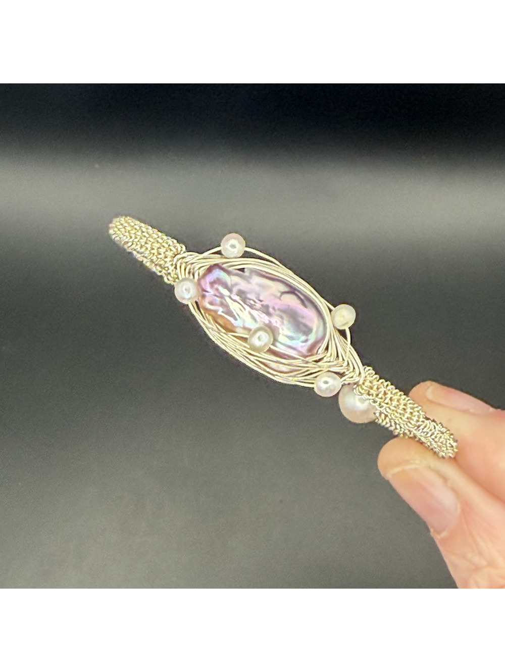 Freshwater Cultured Lilac Baroque Wire Wrap Silver Tone Bangle Bracelet